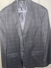 Chaps Gray Plaid Blazer Jacket 48R Polyester Sport Coat Pre Owned