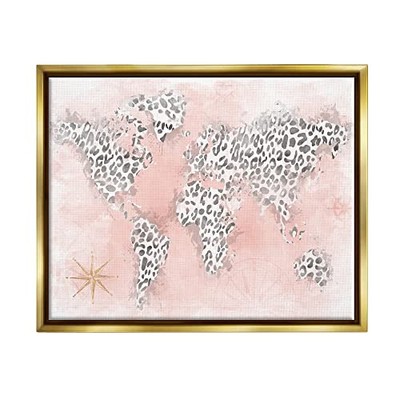Glam Cheetah Animal Pattern Continent Shapes Map Floating Framed Wall Art, De...