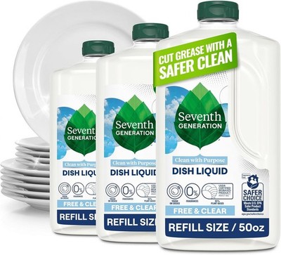 Dish Soap Refill, Free & Clear, 50 fl oz, 3 Pack, Plant-Based Dishwashing Liquid