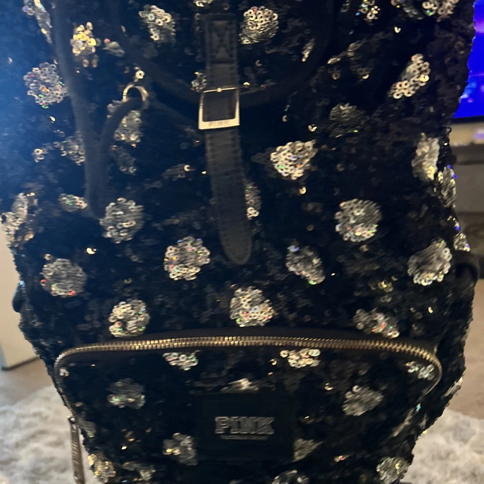 Victoria's Secret PINK Bling Ink Slate SEQUINS  IRRIDESCENT Backpack USED 1X - Image 2 of 4