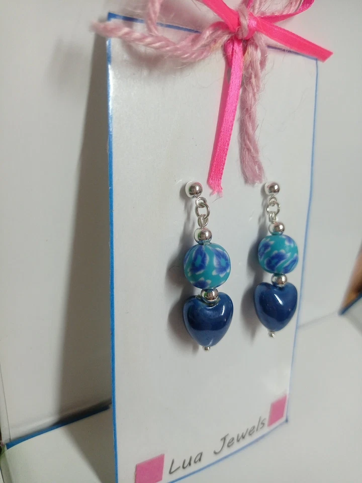 Orecchini da Donna con Cuore di Ceramica e Perla Con Fiori 💙 LuaCreazioni 💙 - Immagine 2 di 2