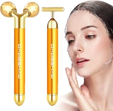 2-In-1 Electric Face Massager 24K Golden Facial Massager, 3D Roller and T Shape