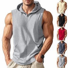 Men  s Zip Up Sleeveless Hoodie Tank Top Vest Body Gym Workout Bodybuilding Shirt