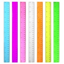 12- Inch Transparent Rulers 7 Pack Assorted Colors for School, Office and Crafts