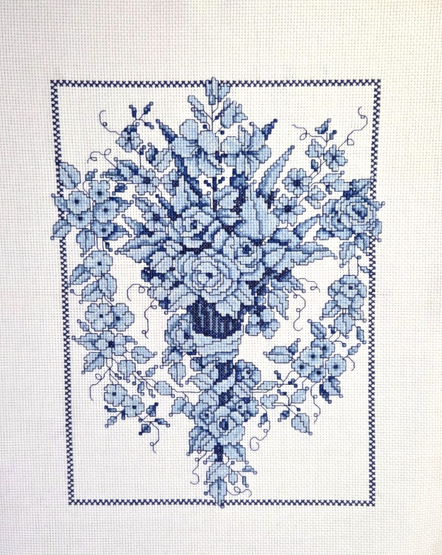 "BLUE SCONCE" Handcrafted  Completed Cross Stitch Picture 9"x12"