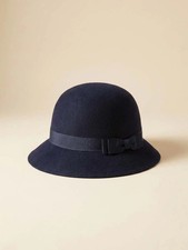 Vintage 1950s Navy Wool Felt Wide Brim Hat / Classic Minimalist Mid-Century Ha