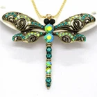 Fashion Women Green Enamel Retro Dragonfly Crystal Pendant Sweater Necklace