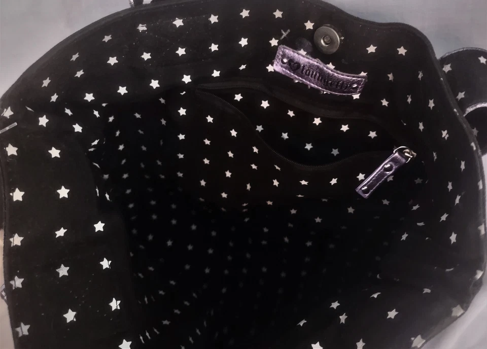 LOUNGEFLY BAG Skull & Crossbones on Black w/ Stars Purple Stitchin HandBag Purse - Image 4 of 4