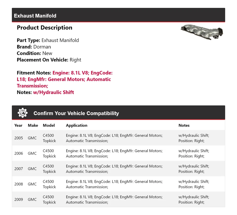 Правый выпускной коллектор для 2005-2009 GMC C4500 Topkick 8,1 л V8 Dorman 2006 2007 - Изображение 2 из 4