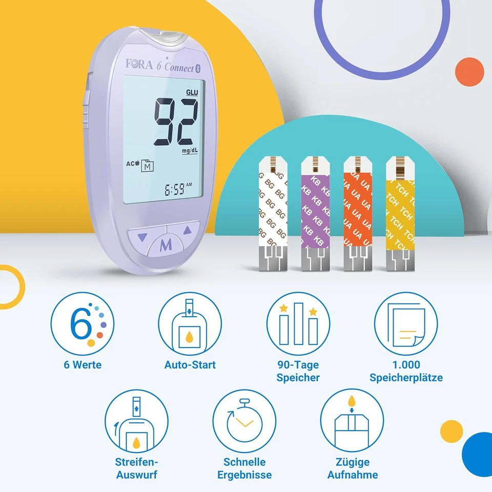FORA 6 Connect | 4-in-1 Blutzucker-, Keton-, Cholesterin-, Harnsäure-Messgerät - Bild 2 von 4