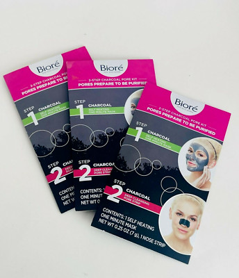 Set of 3 Biore 2-Step Charcoal Pore Kit Packette One Minute Mask Net. Wt, 0.25oz