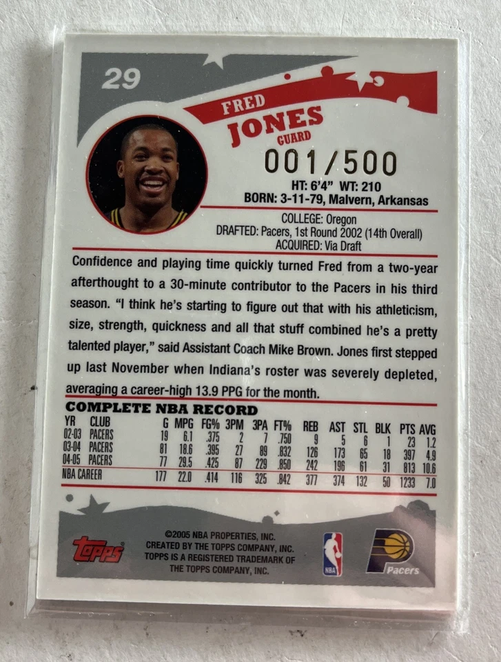 2005 Topps Black Parallel #1/500 #29 Fred Jones (F) Indiana Pacers Foto 2 de 2