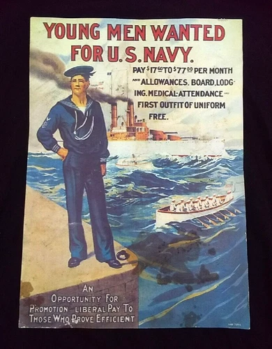 Vintage "Young Men Wanted For U.S. Navy" Poster 14" x 9 ¾”