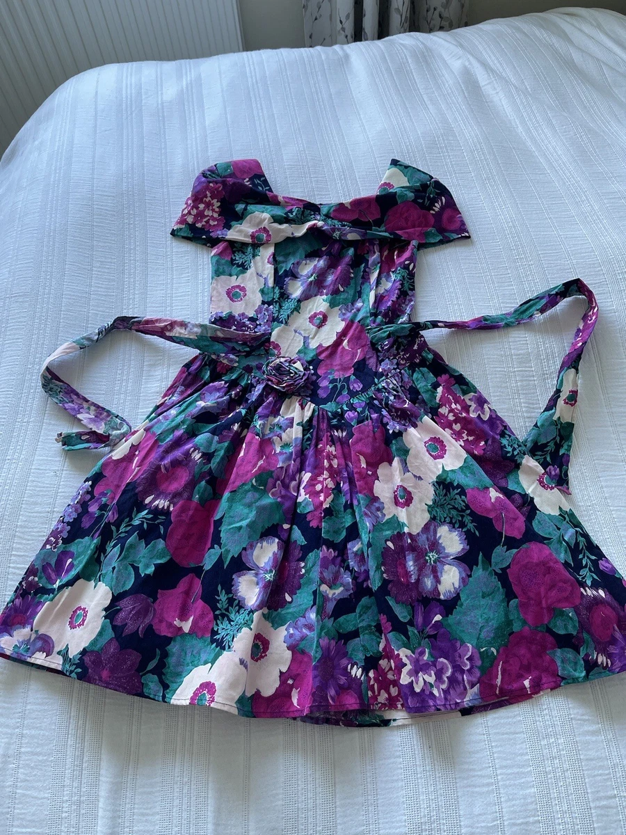True Vintage Byer Too! 1980s Party Dress Size 8-10 Purple Blue Floral  Bardot | eBay