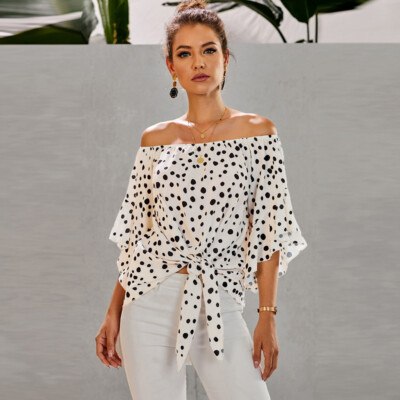 Line neck off-the-shoulder regular T-shirt women new polka dot pullover top