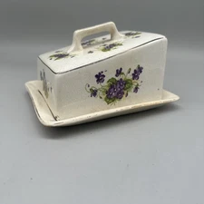 Antique Porcelain Cheese Keeper Purple Violets 6” x 7.5” x 4.5”