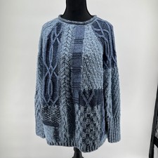 VTG CHAPS Patchwork Cable Knit Eclectic Grandpa Chunky Multi Blue Women's Size L