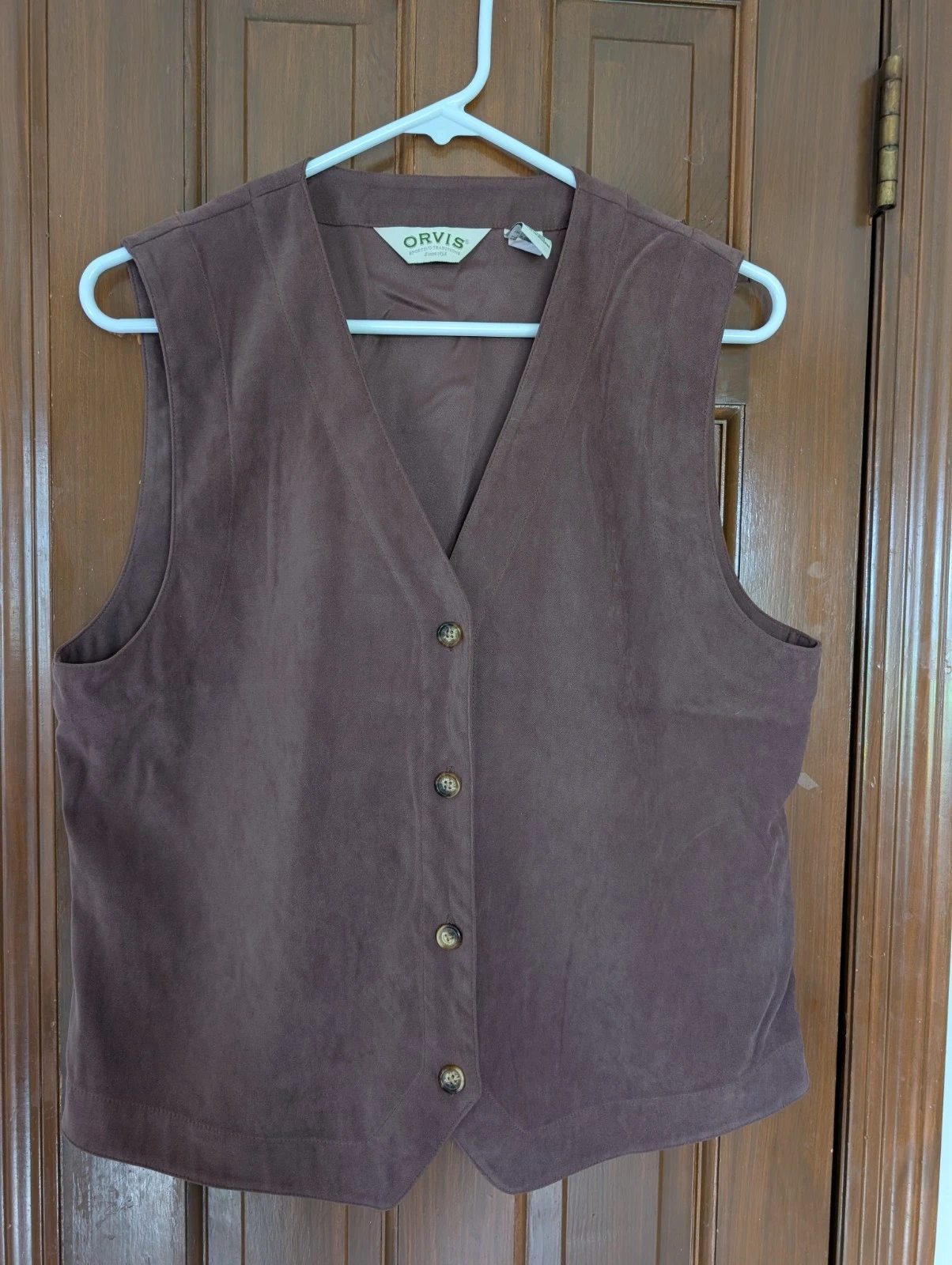 Orvis sporting traditions mens medium brown button up vest faux suede