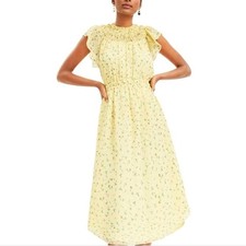 Loft Yellow Floral Midi Dress Smocked Ruffle Neck Elastic Waist Cottagecore