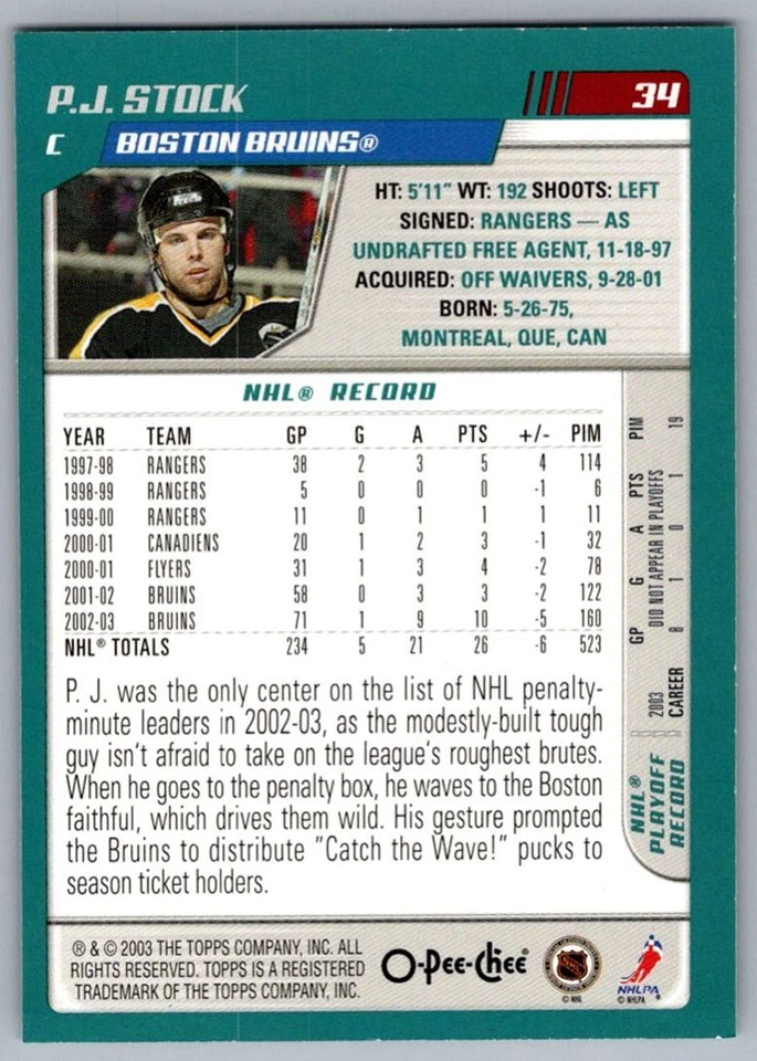 2003-04 O-Pee-Chee P.J. Stock Boston Bruins #34 - Image 2 of 2