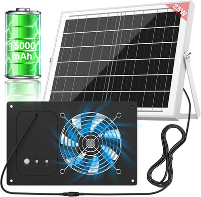 Solar Powered Fan with 15000Mah Battery & Timer, 25W 3500RPM High-Speed Solar Ex