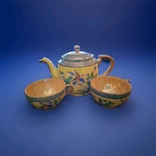 3 PC Vintage Japanese Lusterware Tea Set 1940s Hummingbird And FlowersPorcelain