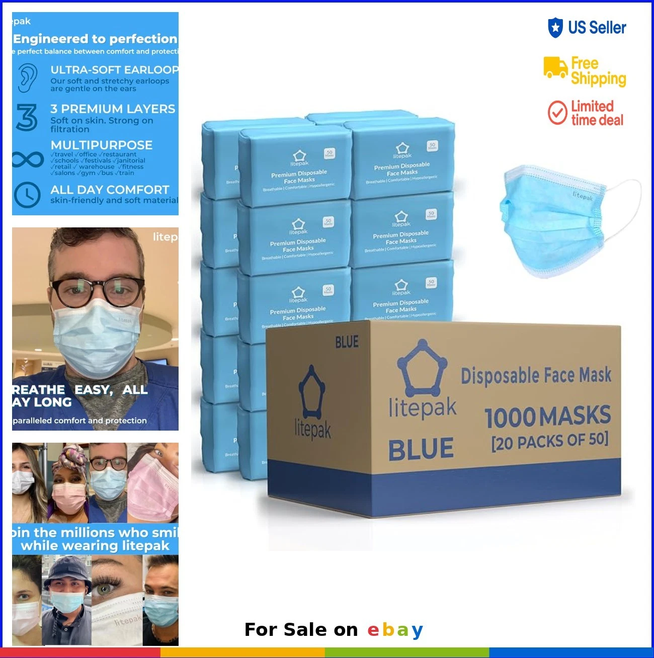 Disposable Face Masks 1000 PCS Breathable Comfortable 2 Ply Blue for Home Office