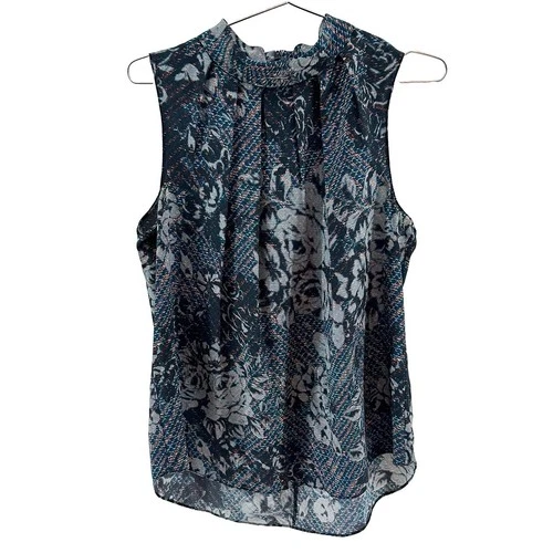 ANTONIO MELANI 100% Silk Pleated Mock Neck Floral Tank • Medium • black, blue