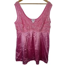 Vintage Amoureuse Pink Lace Satin Chemise Nightgown Plus Size 1X Rosette V-Neck