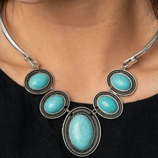 Stunning Silver  Blue Turquoise Boho Choker Fashion Necklace Set