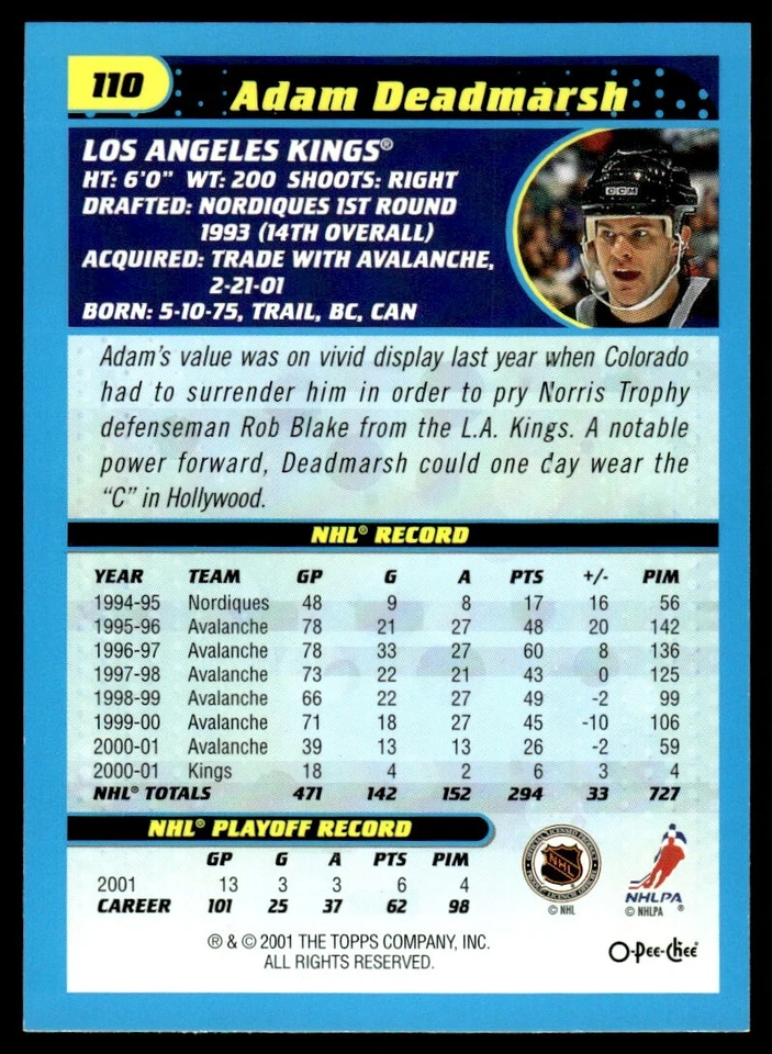 2001-02 Topps O-Pee-Chee RETRO Adam Deadmarsh Los Angeles Kings #110 - Image 2 of 2