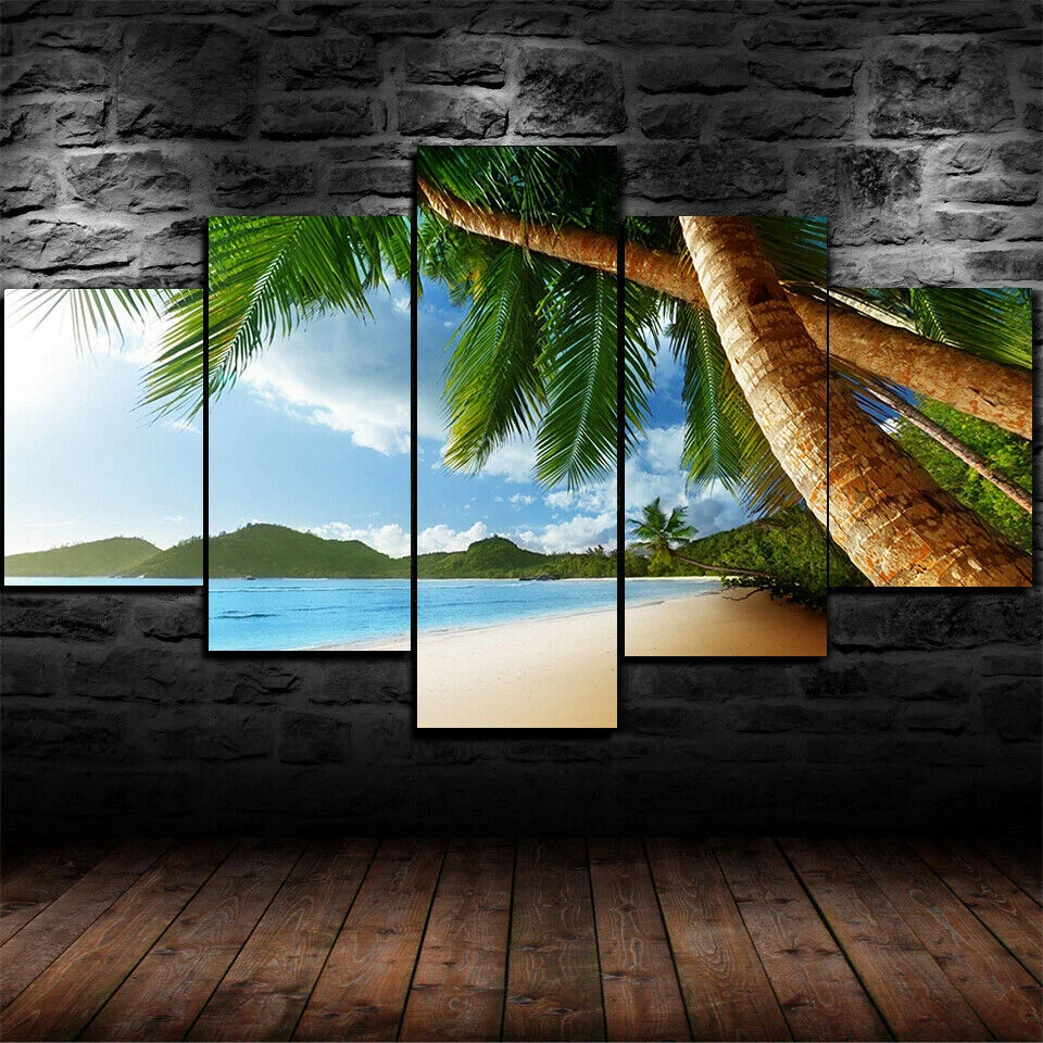 Islands Palm Tree Beach Ocean 5 Panel Canvas Print Wall Art Poster Home Decor - Image 2 of 4