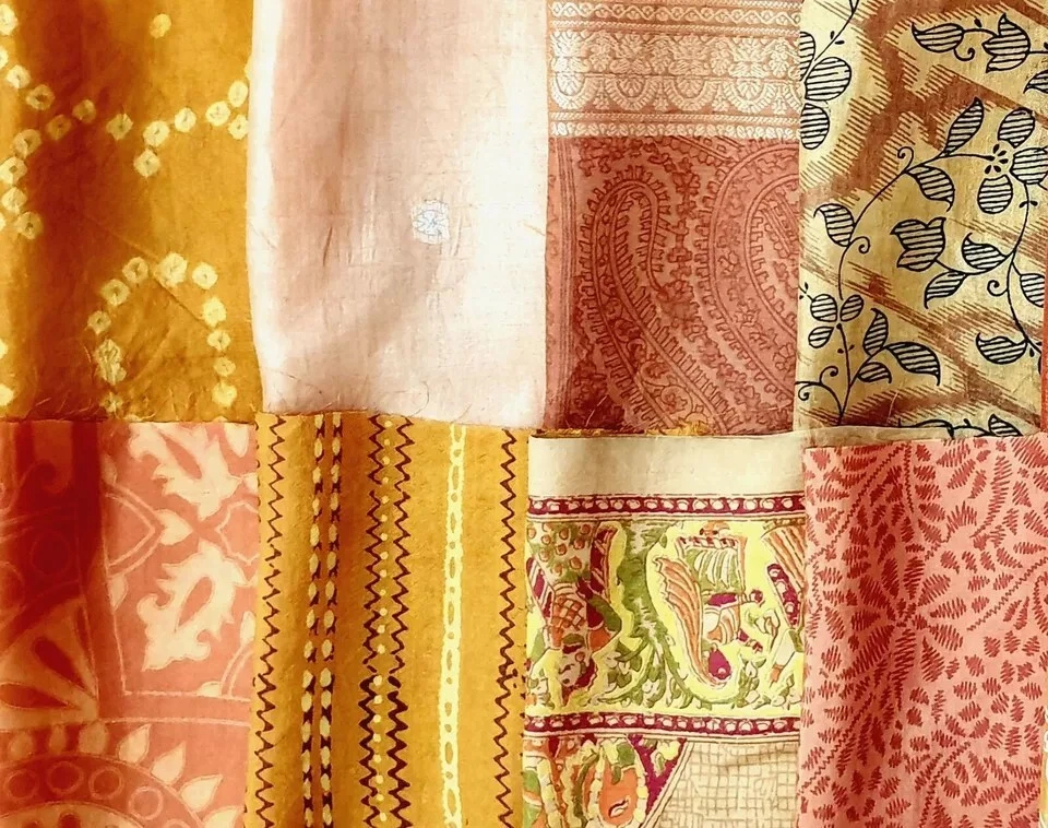 ON Vintage 50 Pcs Recycled Silk Sari Remnants 8"X8" Fabric Scraps Brown image 5