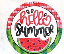 Needlepoint Canvas 13 mesh Signed Hello Summer Watermelon Sign Hand Painted