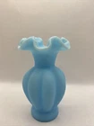 Vintage Fenton Blue Satin Glass Vase Ruffled Crimped Rim