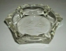 Clear Glass 6 Sided Ashtray 4" X 1" Floral Etching