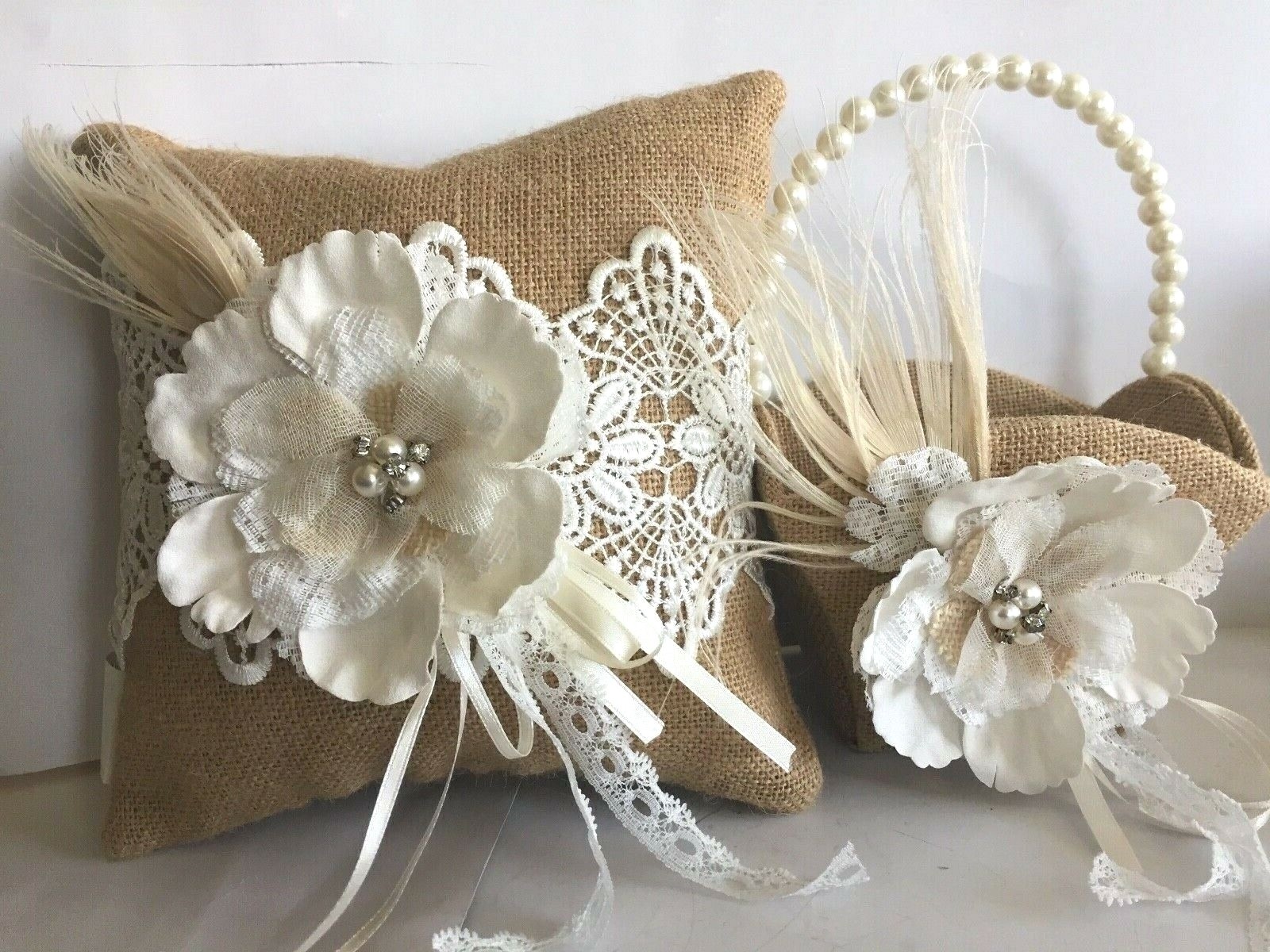 Burlap and Lace Flower Basket and Ring Pillow Set eBay