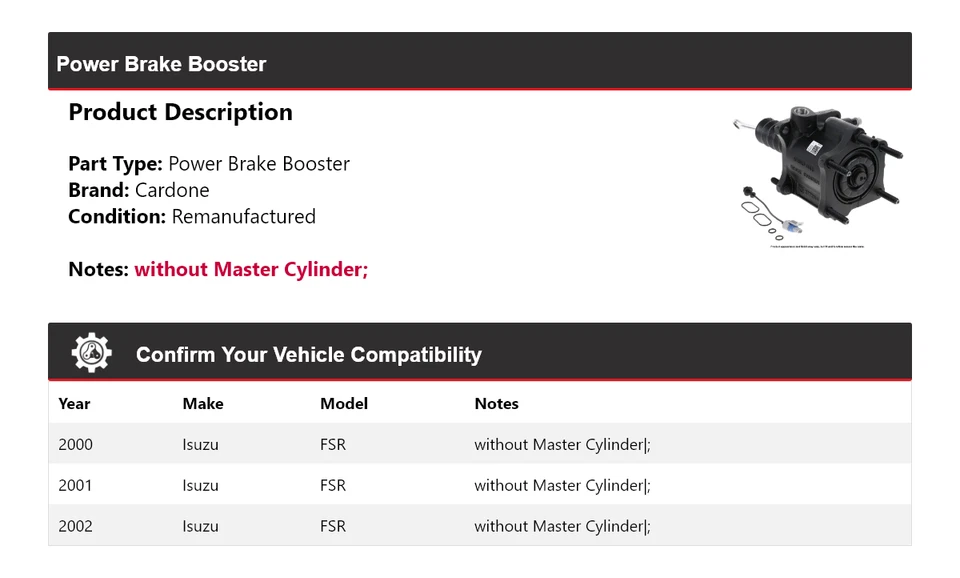 For 2000-2002 Isuzu FSR Power Brake Booster Cardone 2001 - Image 2 of 3