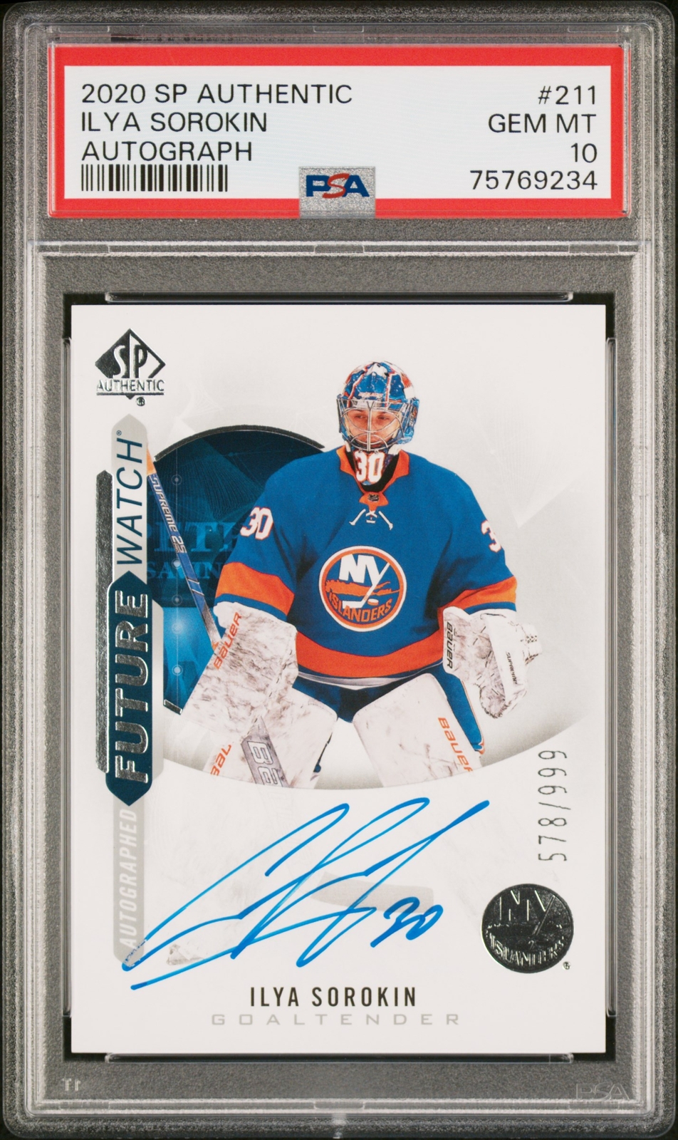 2020-21 SP Authentic Ilya Sorokin Future Watch Auto /999 PSA 10