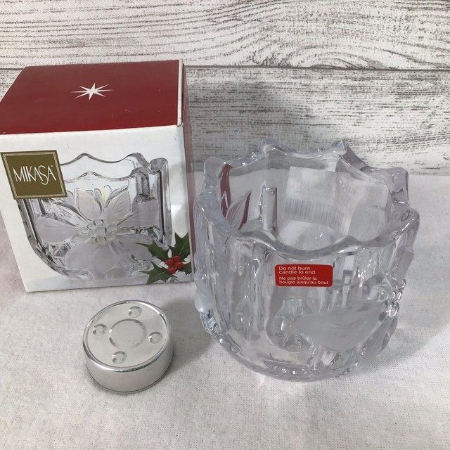 Mikasa Festive Poinsettia Votive Candle Holder Frosted Clear Crystal