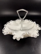 Fenton Silver Crest Double Crimped Edge Milk Glass Silver Handle Tidbit Dish VTG