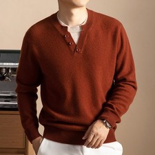 Korean Men's Cashmere Long Sleeved Pullover Sweater Warm Round Neck Wool Sweater