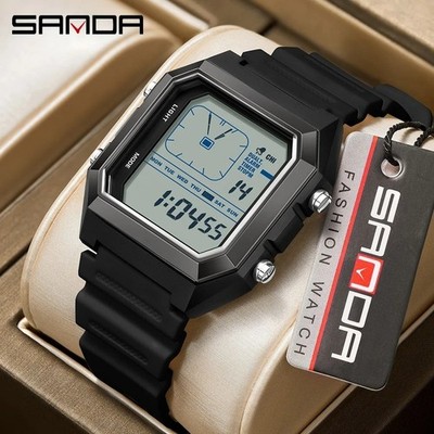 SANDA Herren Uhr Digital Retro Vintage 41mm 5BAR Sport Alarm LED Silikon