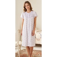 Vandemere Nightgown Womens M White Purple Floral Smocked Flutter Sleeve USA VTG