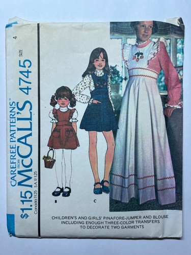 McCall's Pattern 4745 Girls' Pinafore-Jumper & Blouse Size 4 With One Transfer