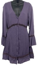 Amuse Society Purple V-Neck Flare Dress Bell Sleeve Ruffle Womens Size Medium
