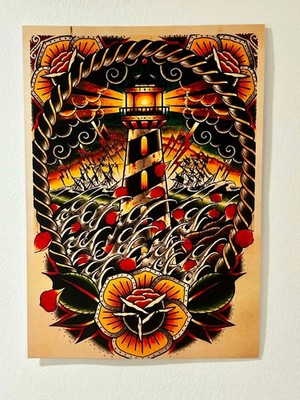 Traditionelles Tattoo Leuchtturm A4 Kunstdruck | Maritim Flash Wandbild ungerahmt