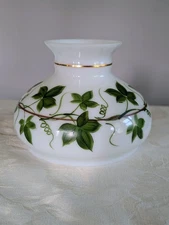 VTG Opal Glass Student Lamp Shade Globe 7" Fitter Hand Painted Ivy Gold Trim