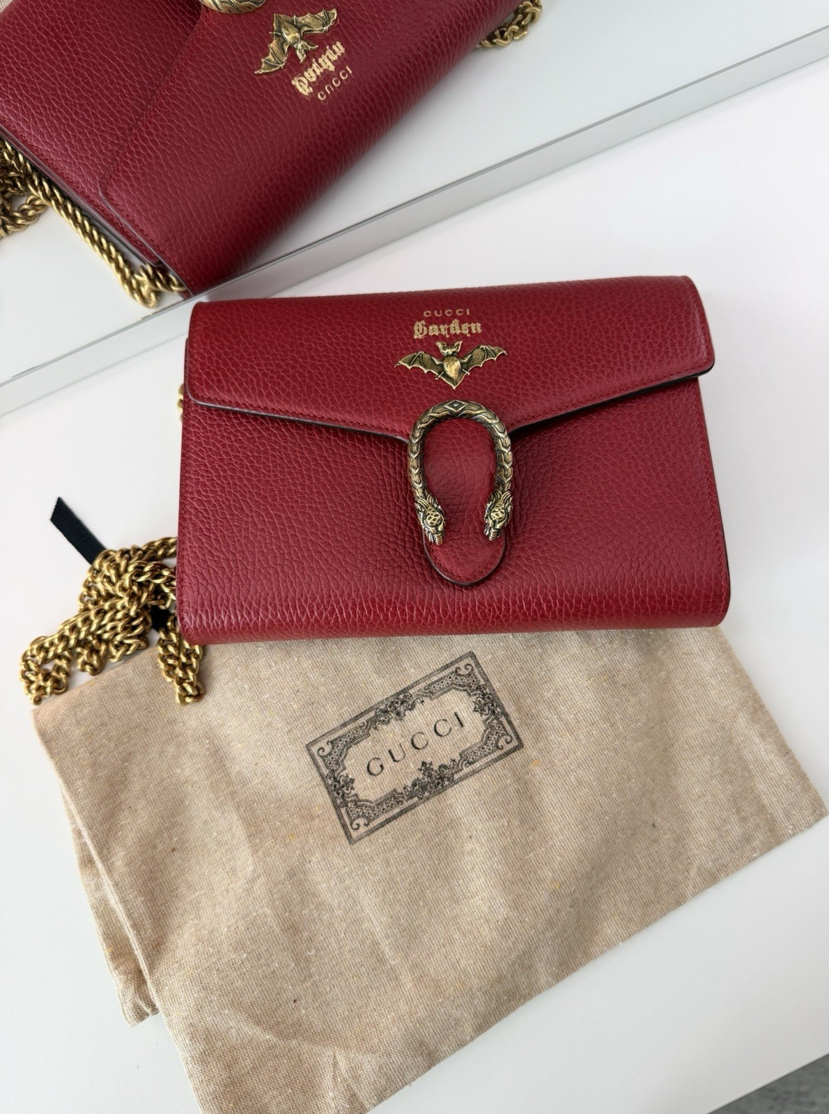 Gucci Dionysus Garden WOC Red Leather Tiger Head Bat Wallet on