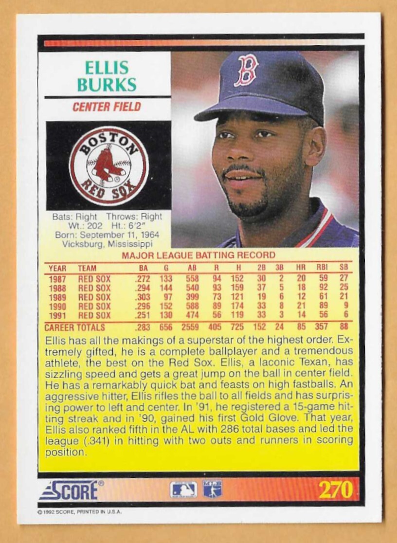 ELLIS BURKS BOSTON RED SOX #270 - SCORE NM-MT 1992 | eBay